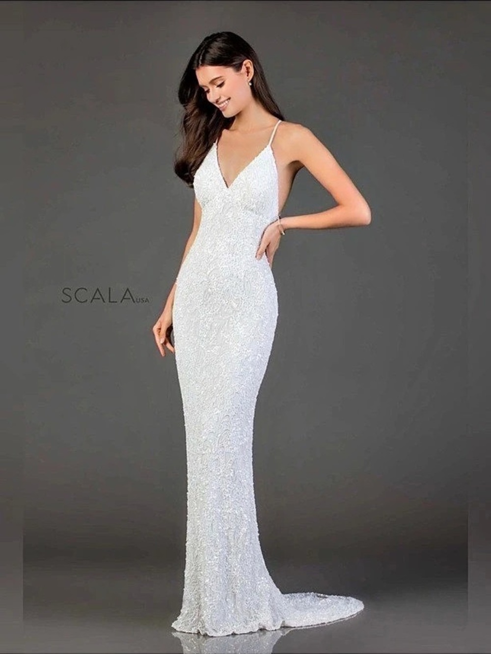 Scala Sequin Beaded Maxi Dress in White Size 6 Like New
